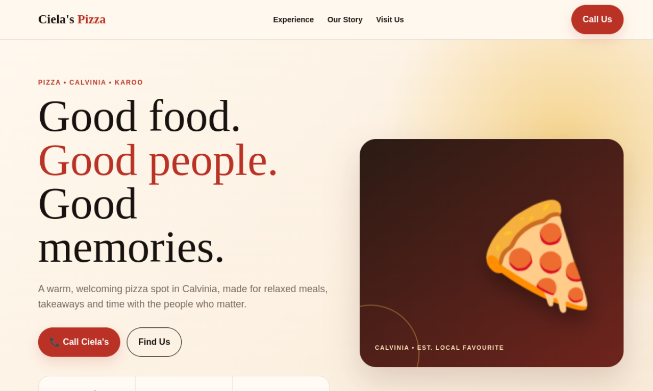 Homepage of Ciela's Pizza Calvinia website