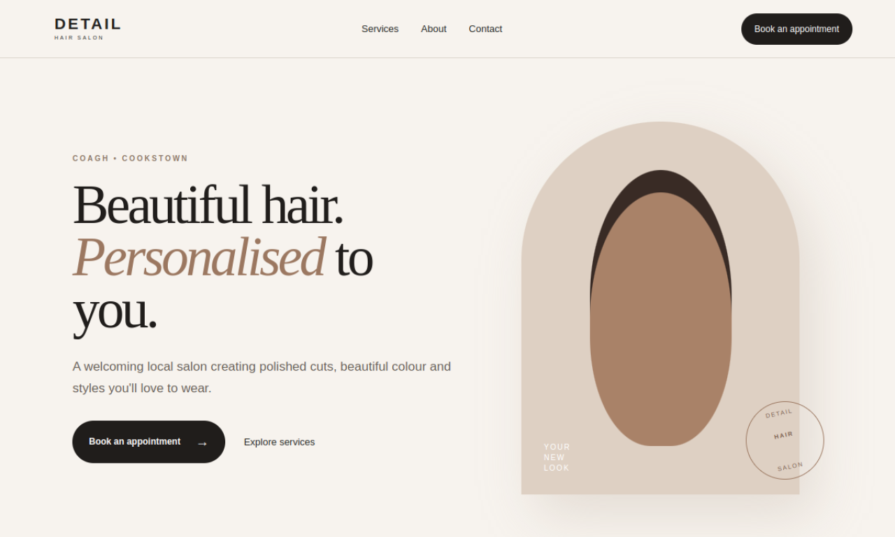 Homepage of Detail Hair Salon website