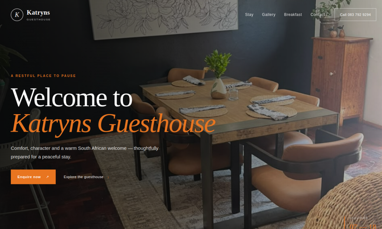 Homepage of Katryn's Guesthouse website